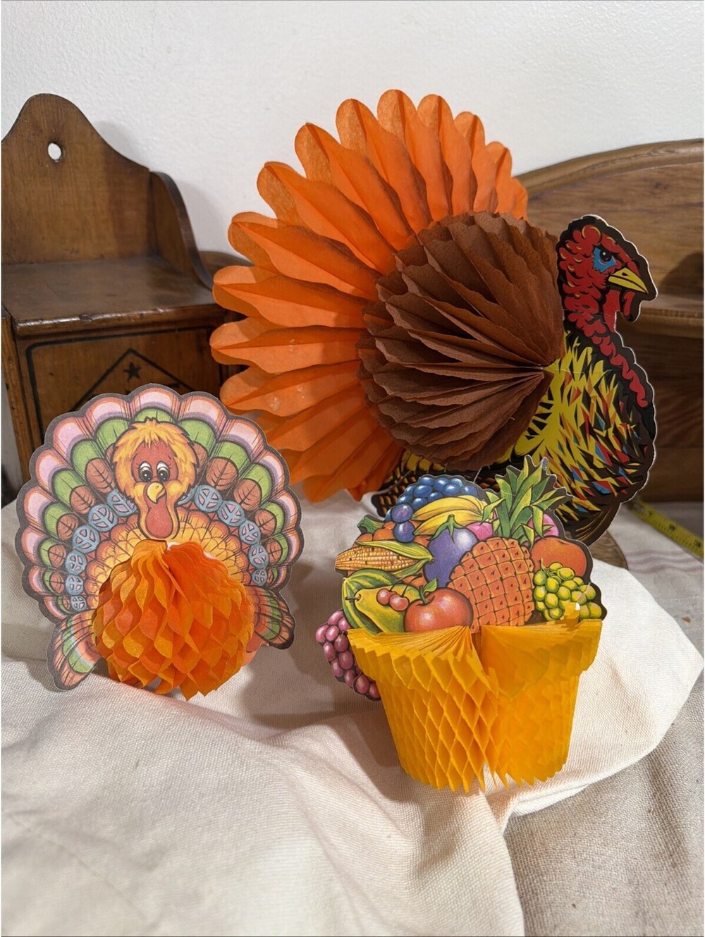 Beistle VTG 70s Thanksgiving Honeycomb Die Cuts Large Turkey Fruit Basket Lot 3